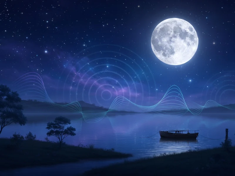 Vue paisible d'un lac la nuit sous la lune avec ondes sonores pour la musique relaxation pour dormir