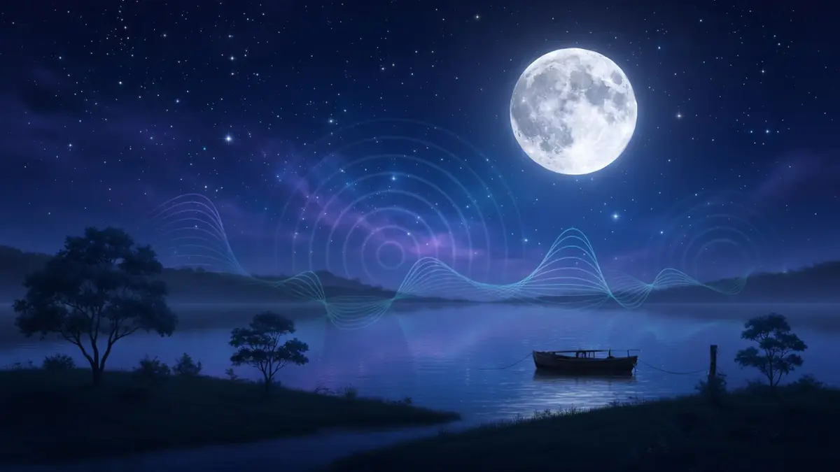 Vue paisible d'un lac la nuit sous la lune avec ondes sonores pour la musique relaxation pour dormir