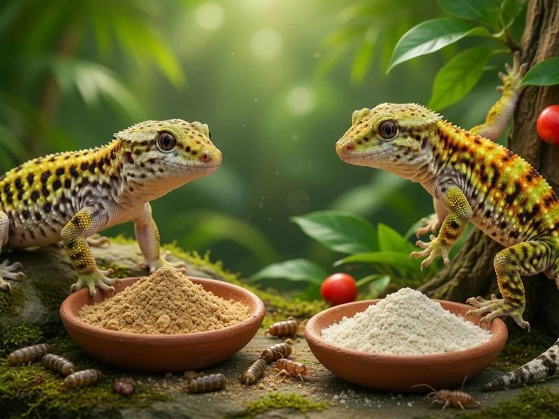 Deux geckos près de bols de nourriture gecko avec insectes et feuillage tropical