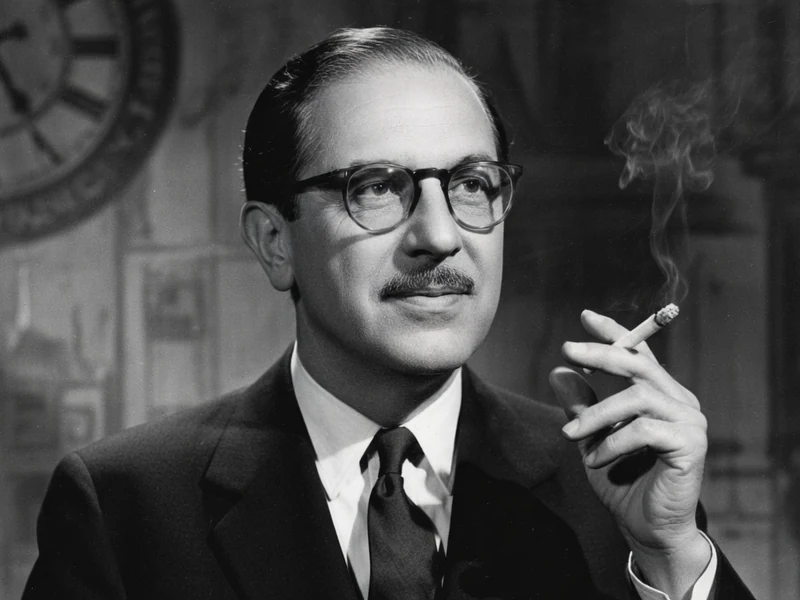 Henri Crémieux en costume et lunettes tient une cigarette fumante