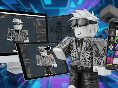 Un avatar 3D est en cours de création sur différents appareils pour concevoir un Roblox skin unique