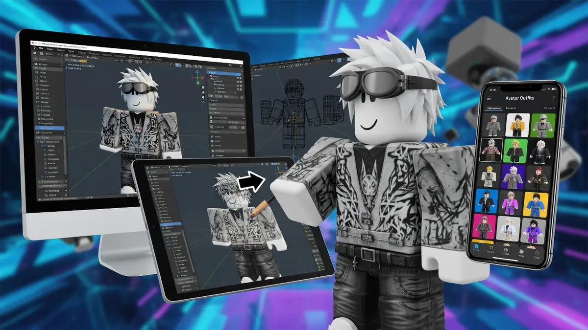 Un avatar 3D est en cours de création sur différents appareils pour concevoir un Roblox skin unique