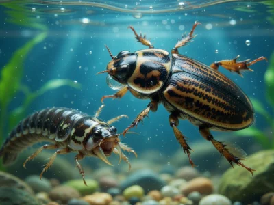 Un dytique et sa larve évoluent sous la surface parmi les plantes