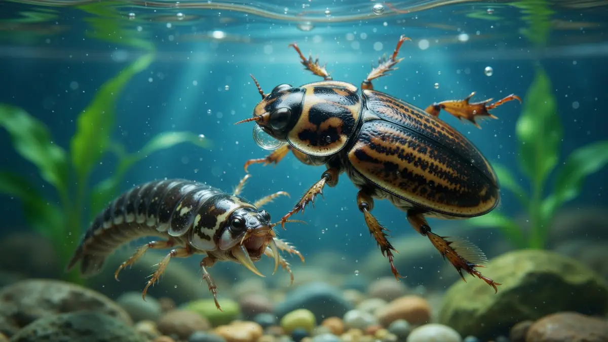 Un dytique et sa larve évoluent sous la surface parmi les plantes