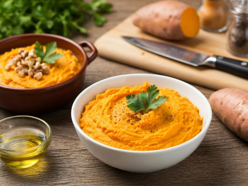 Deux bols de purée de patate douce sur une table en bois entourés de patates douces et d'herbes