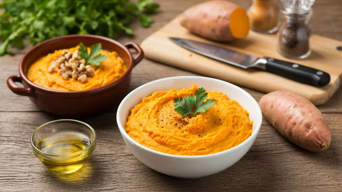 Deux bols de purée de patate douce sur une table en bois entourés de patates douces et d'herbes