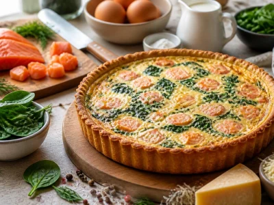 Une appétissante quiche au épinards et saumon fraîchement préparée sur une table entourée de ses ingrédients crus