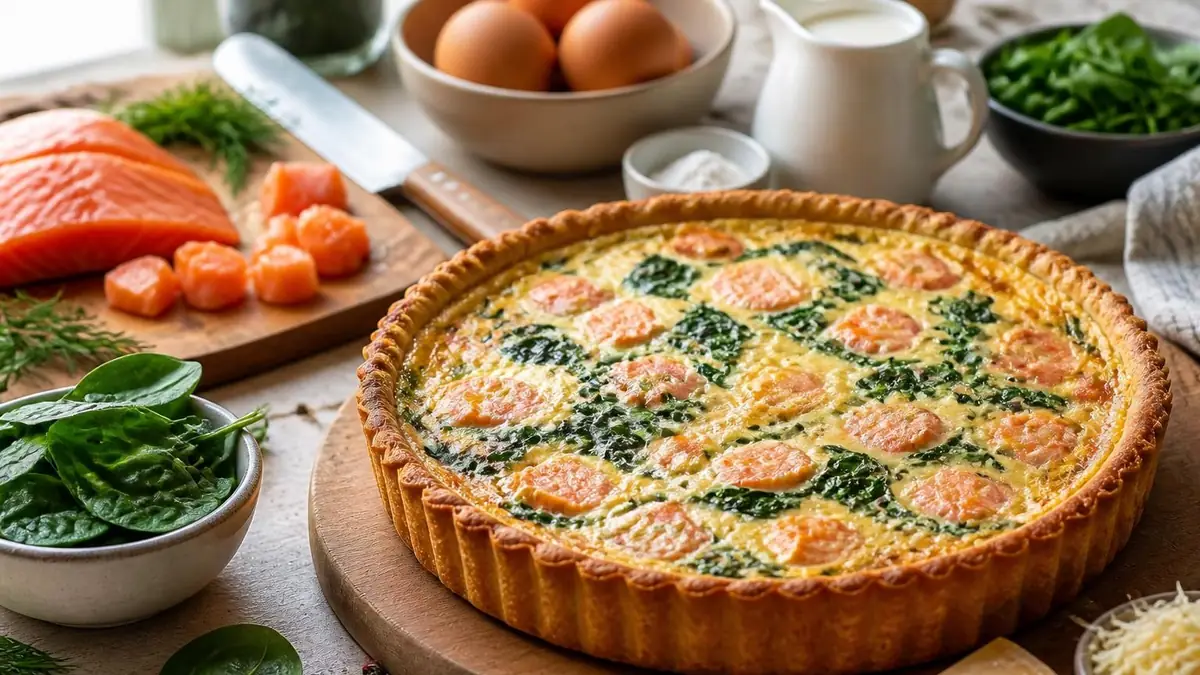Une appétissante quiche au épinards et saumon fraîchement préparée sur une table entourée de ses ingrédients crus