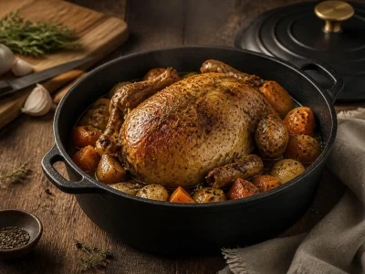 Une délicieuse recette pintade en cocotte dorée aux légumes dans une cocotte en fonte posée sur une table en bois