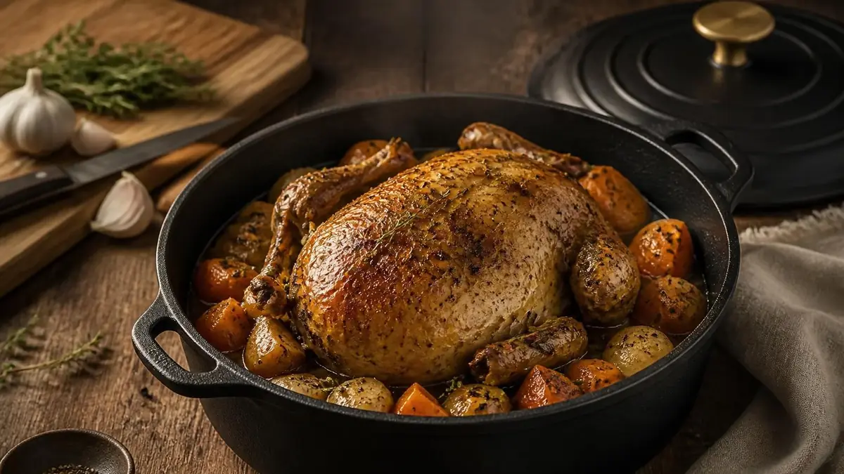 Une délicieuse recette pintade en cocotte dorée aux légumes dans une cocotte en fonte posée sur une table en bois
