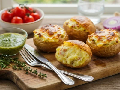 Vue appétissante de la recette de pomme de terre farcie avec des pommes de terre dorées sur planche de bois