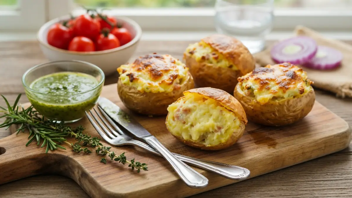 Vue appétissante de la recette de pomme de terre farcie avec des pommes de terre dorées sur planche de bois