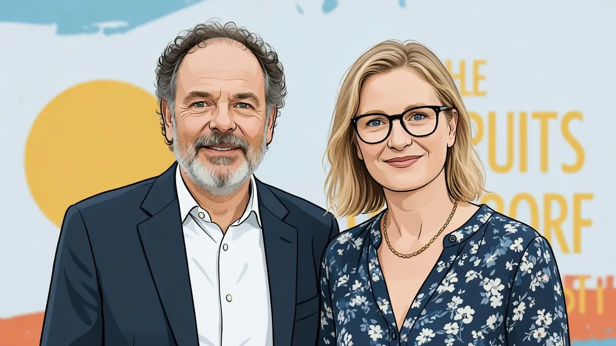 L'illustration présente Anna Novion aux côtés d'un homme en blazer bleu