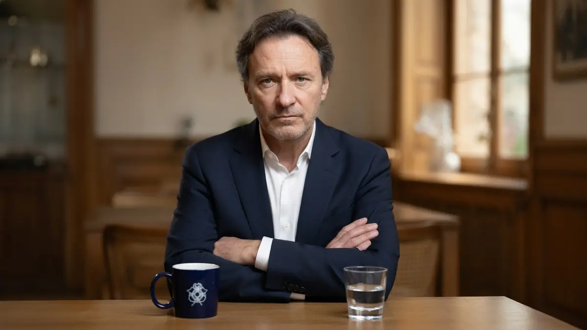 Alain Chapuis est assis les bras croisés à une table dans un intérieur en bois
