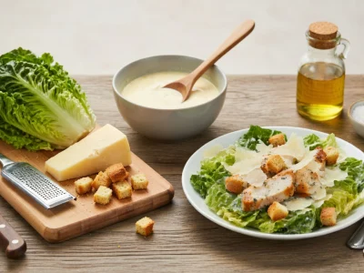 Ingrédients pour salade César recettes disposés autour d'une assiette garnie