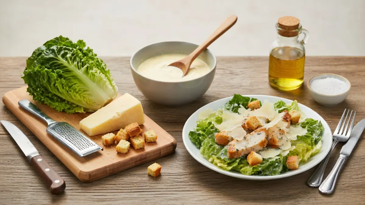 Ingrédients pour salade César recettes disposés autour d'une assiette garnie