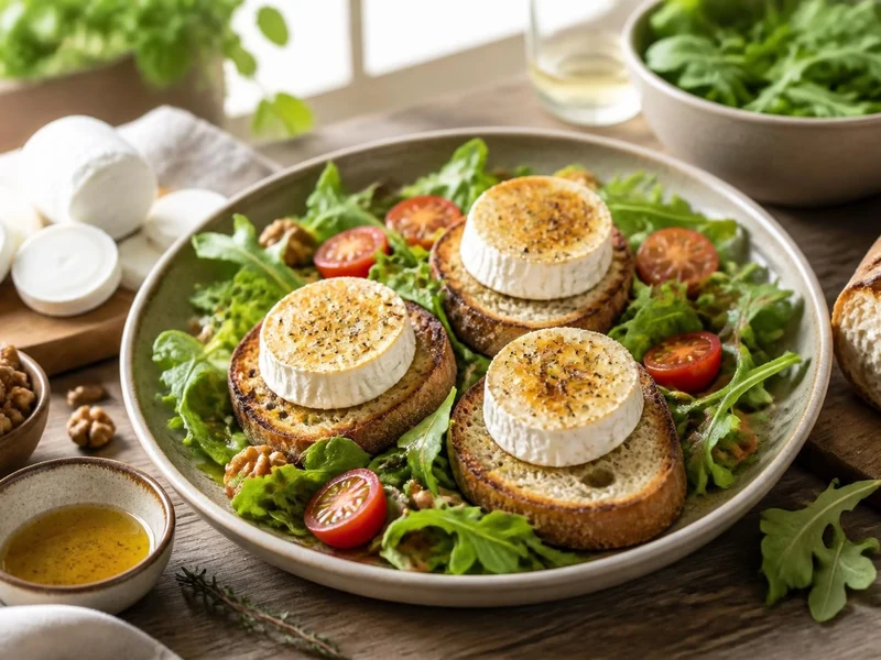 Une assiette gourmande composée d'une salade et chèvre chaud sur des toasts grillés avec des tomates cerises et des noix