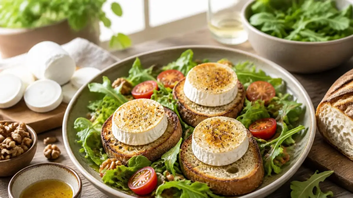 Une assiette gourmande composée d'une salade et chèvre chaud sur des toasts grillés avec des tomates cerises et des noix
