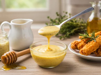 Un bol de sauce miel moutarde dégoulinant d'une cuillère près de poulet pané et de miel sur table en bois