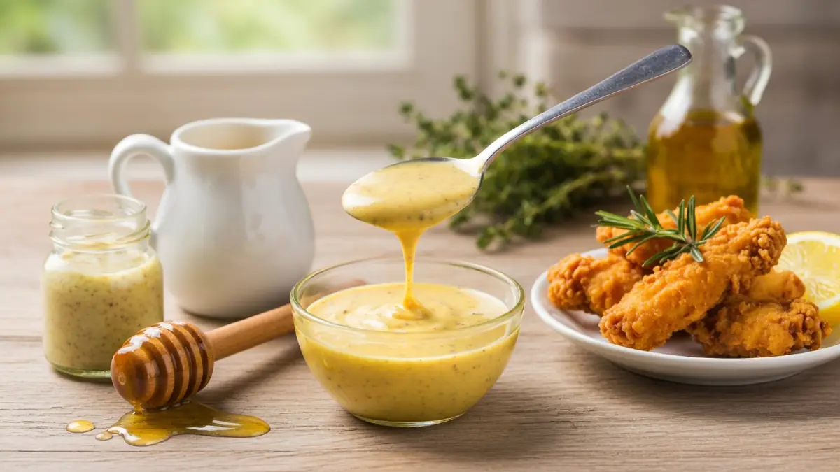 Un bol de sauce miel moutarde dégoulinant d'une cuillère près de poulet pané et de miel sur table en bois