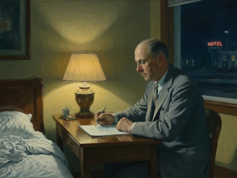 Edward Hopper peintre rédigeant un document dans une chambre d'hôtel éclairée