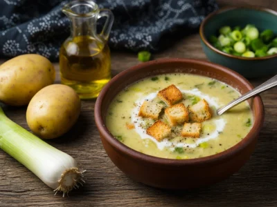 Un bol de poireau pomme de terre soupe parsemé de croûtons et accompagné de légumes