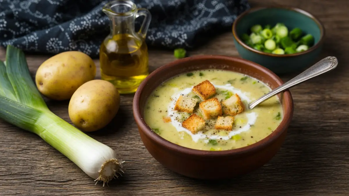 Un bol de poireau pomme de terre soupe parsemé de croûtons et accompagné de légumes