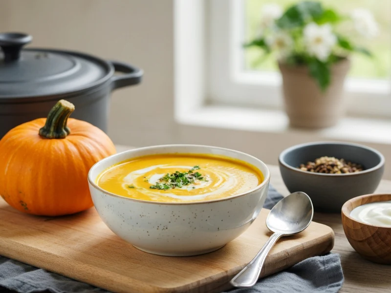 Un bol de soupe potimarron avec spirale de crème sur planche en bois près d'une citrouille