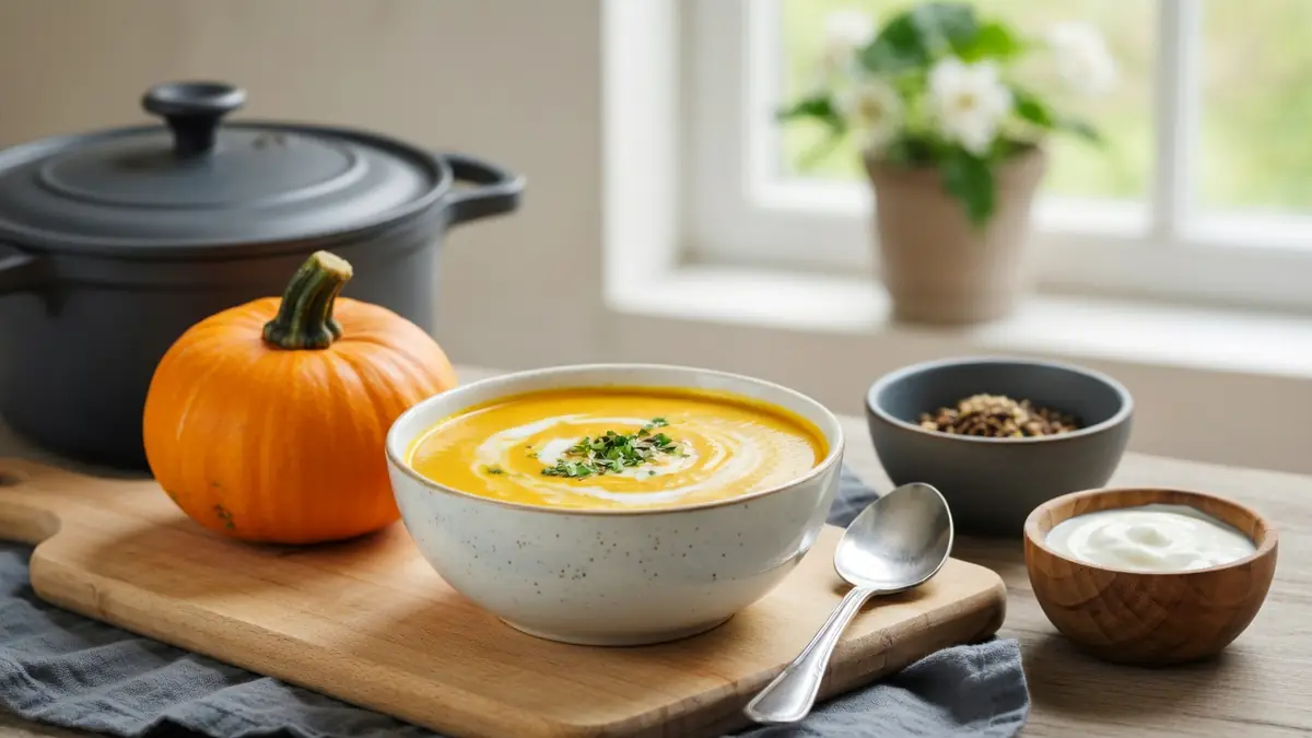 Un bol de soupe potimarron avec spirale de crème sur planche en bois près d'une citrouille