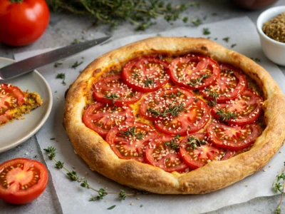 Une belle tarte à la moutarde et tomates garnie de rondelles de tomates et d'herbes est mise en scène avec une part coupée
