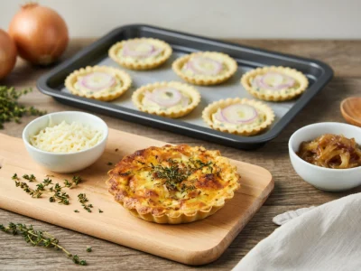 Une tartelette à l'oignon garnie d'herbes repose sur une planche près d'oignons et de thym