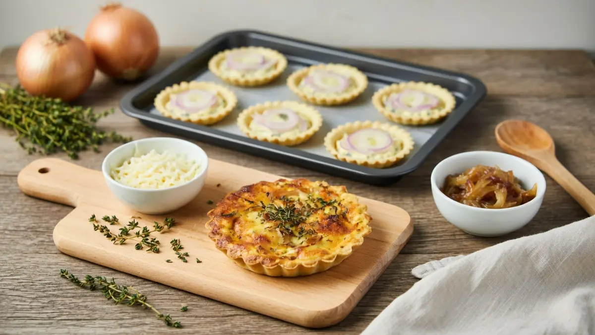 Une tartelette à l'oignon garnie d'herbes repose sur une planche près d'oignons et de thym