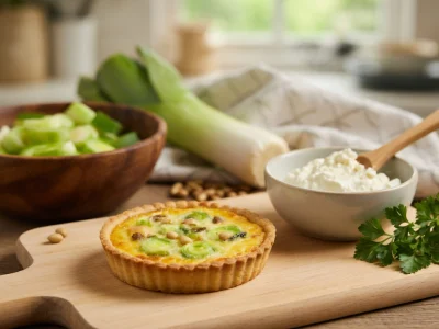 Une tartelette poireaux chèvre repose sur une planche en bois entourée de poireaux et de fromage frais
