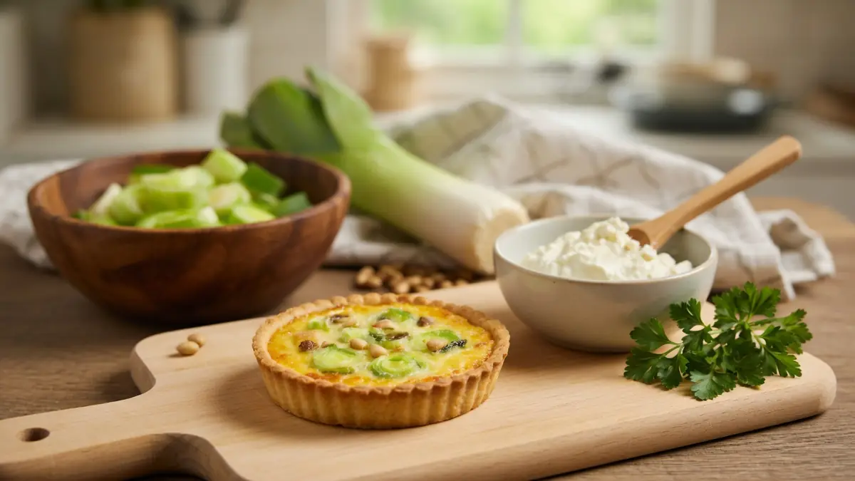 Une tartelette poireaux chèvre repose sur une planche en bois entourée de poireaux et de fromage frais