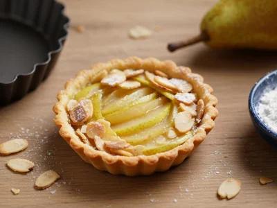 Une tartelette poire amande est disposée sur une table en bois près d'une poire et d'amandes