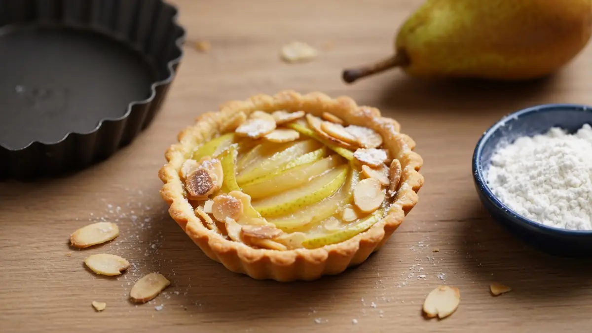 Une tartelette poire amande est disposée sur une table en bois près d'une poire et d'amandes
