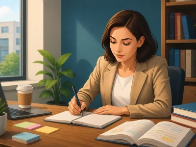 Une femme étudie dans un bureau pour apprendre chaque anglais mot de liaison afin d'améliorer son expression écrite