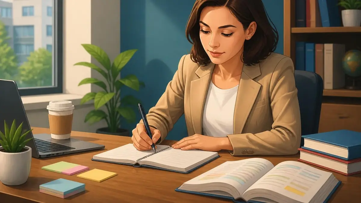 Une femme étudie dans un bureau pour apprendre chaque anglais mot de liaison afin d'améliorer son expression écrite