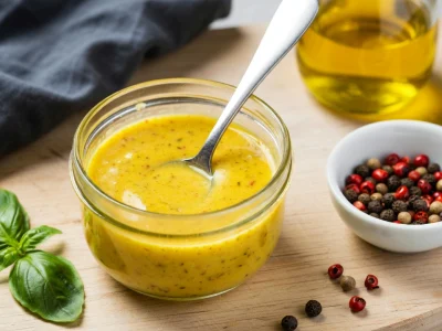 Un bocal de vinaigrette maison jaune avec cuillère sur planche en bois près de basilic et poivre