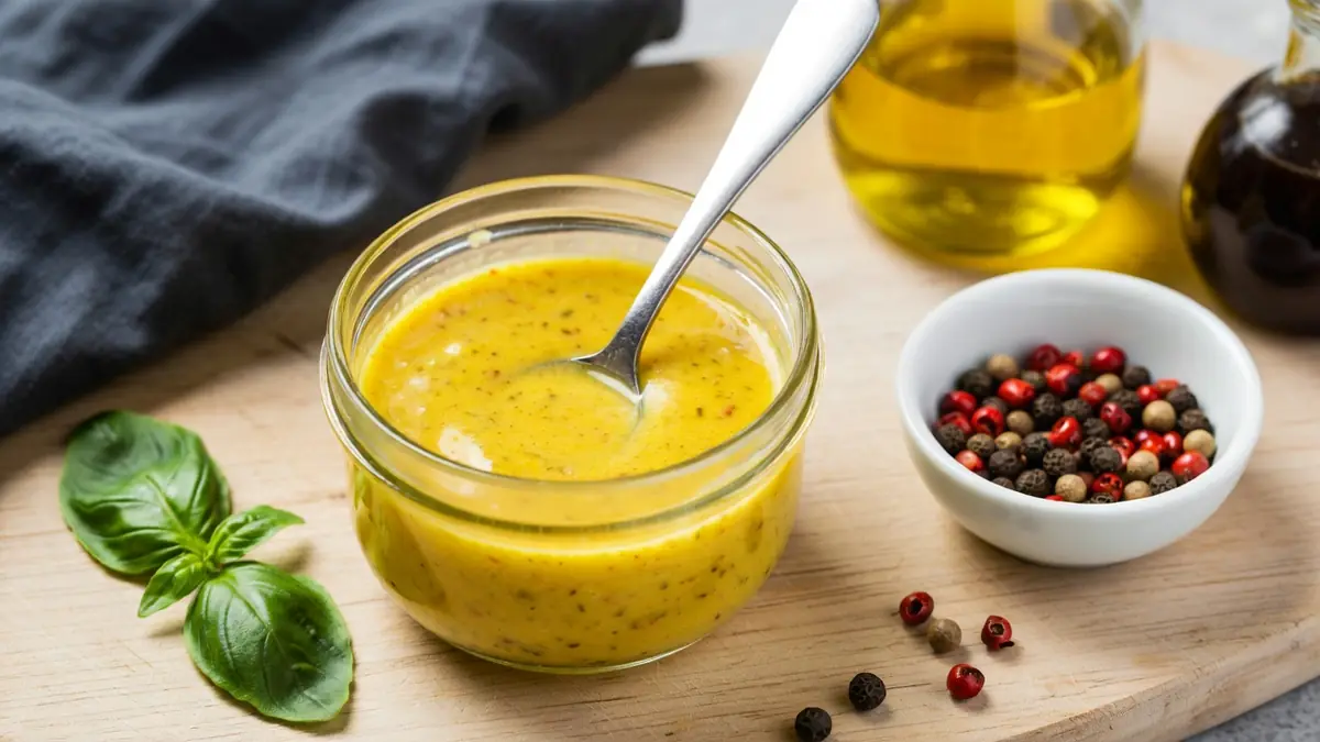 Un bocal de vinaigrette maison jaune avec cuillère sur planche en bois près de basilic et poivre
