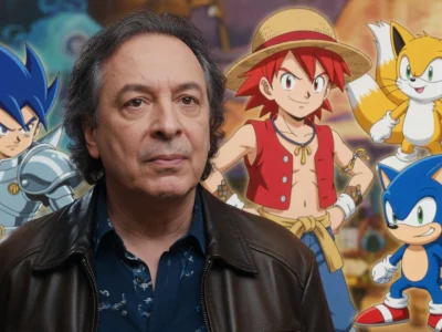 Antoine Nouel est mis en avant devant des personnages de dessins animés.