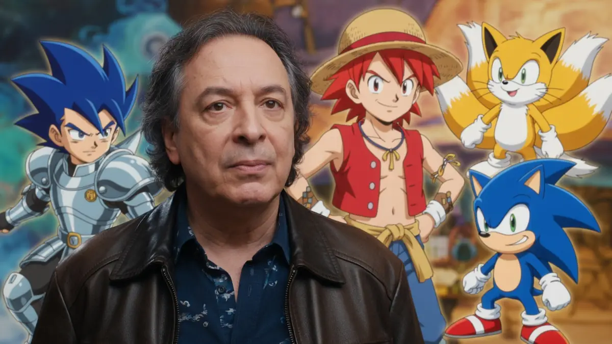 Antoine Nouel est mis en avant devant des personnages de dessins animés.