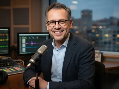 Miguel Derennes souriant dans un studio avec un microphone et du matériel audio