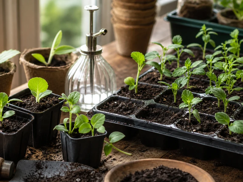 Jeunes plants issus d'un semis en pot près d'une fenêtre.