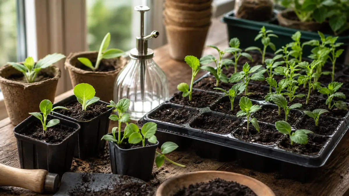 Jeunes plants issus d'un semis en pot près d'une fenêtre.