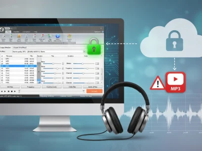 Représentation visuelle d'un convertisseur pour mp3 gratuit avec un ordinateur, des écouteurs et un cloud sécurisé