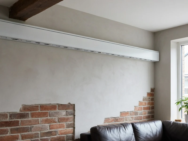 Une goulotte pour électricité blanche longe le mur au-dessus d'un canapé en cuir