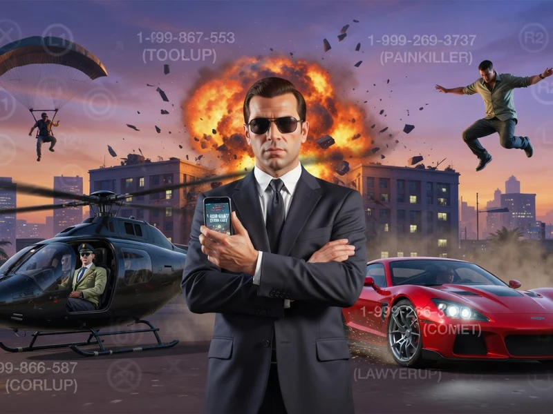 Un homme en costume se tient devant une explosion avec une voiture rouge et un hélicoptère pour le code de triche pour GTA V