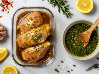 Des filets de poulet dans une marinade pour mariner poulet avec citron ail et herbes fraîches