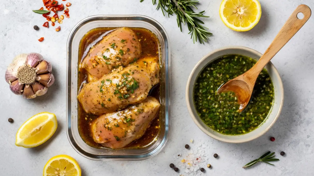 Des filets de poulet dans une marinade pour mariner poulet avec citron ail et herbes fraîches